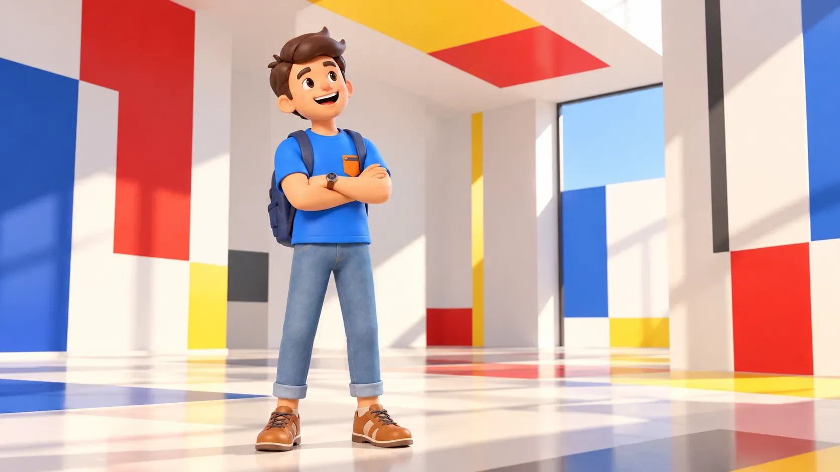 RoadMe traveller observing an interpretive geometric interior with coloured walls and ceiling