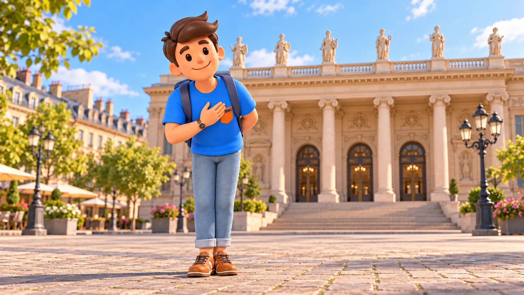 RoadMe traveller making a small bow beside a stylised opera portico with muse figures