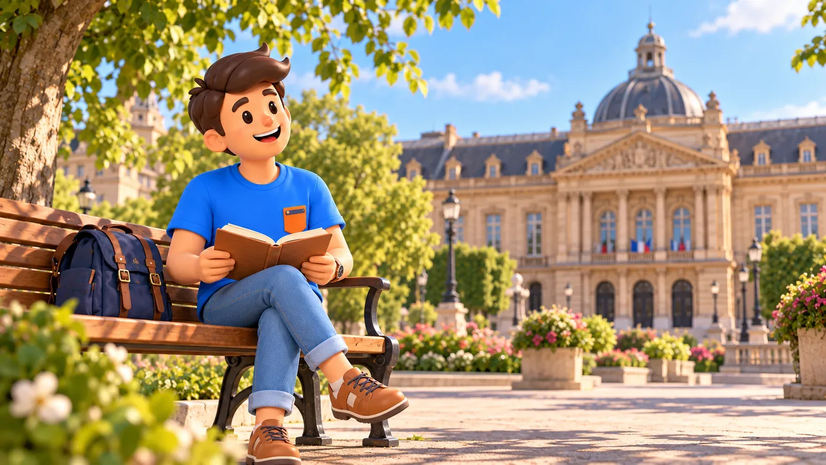 RoadMe traveller with an open book on a bench before a stylised palace