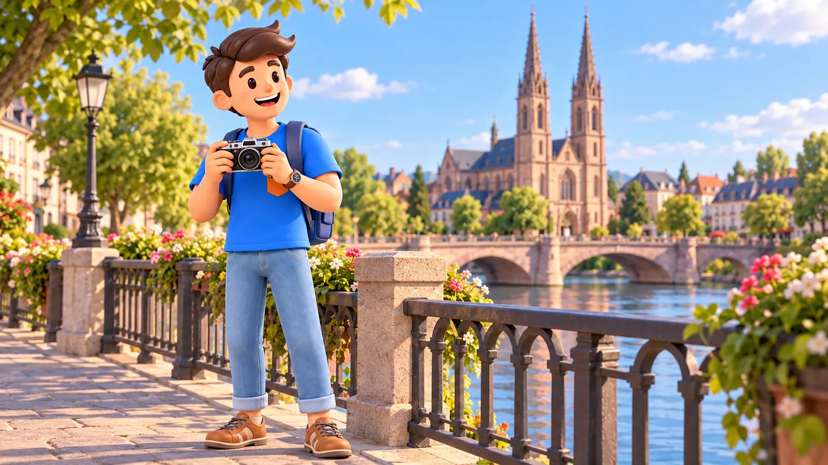 RoadMe traveller holding a camera by the water with a Saint-Paul-inspired twin-spired church behind