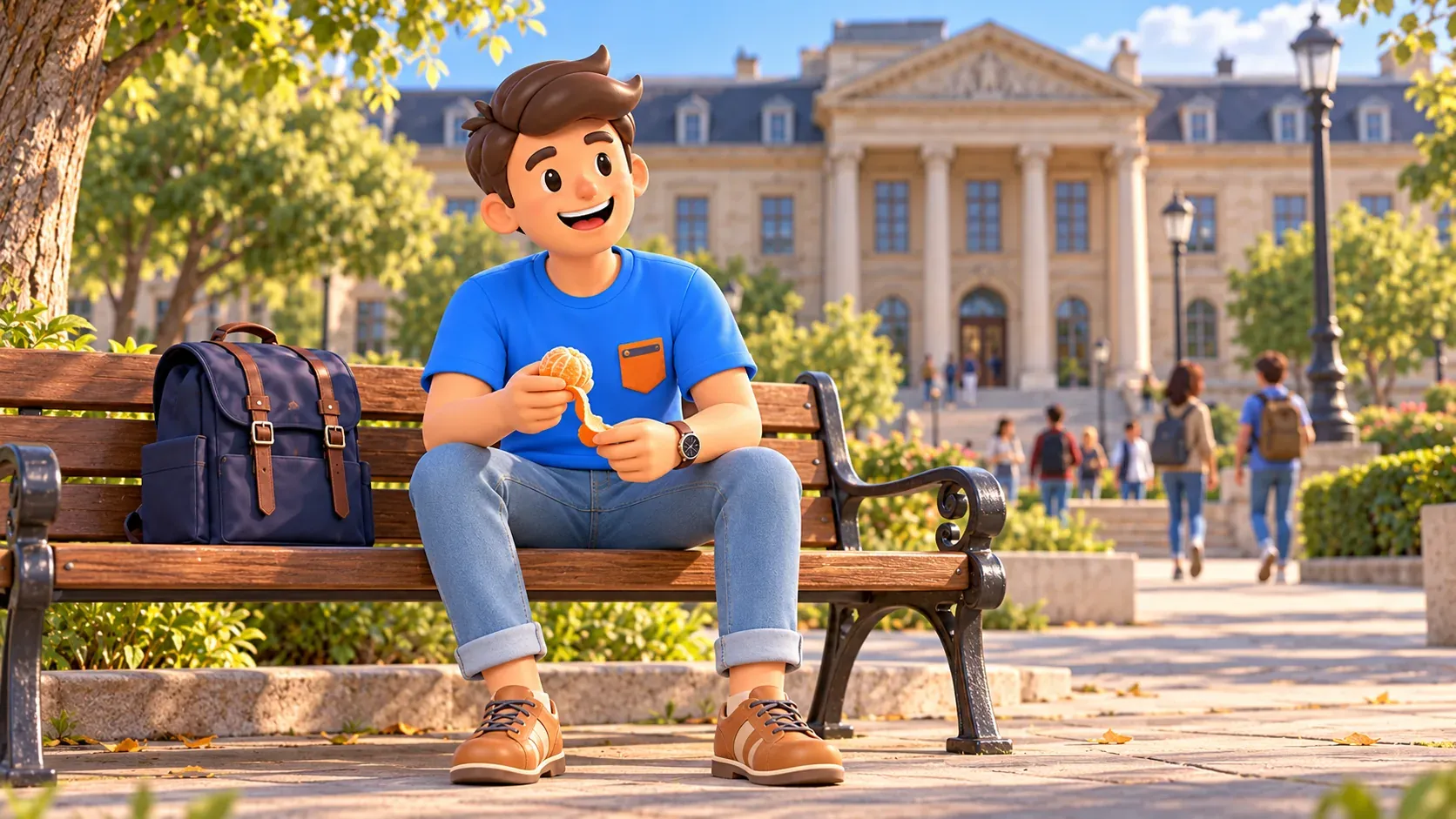 RoadMe traveller resting with a mandarin on a bench by a stylised university building