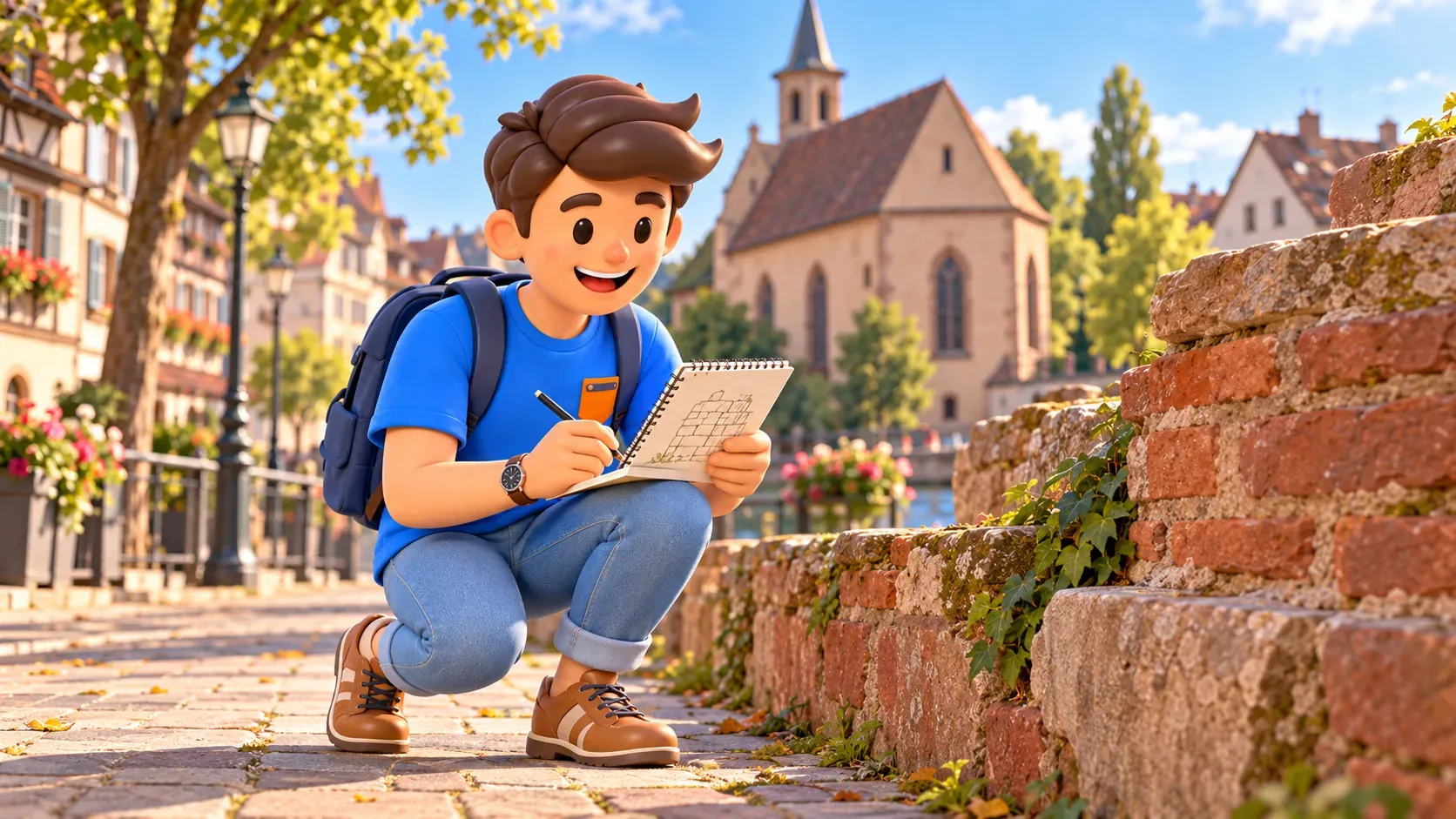 RoadMe traveller sketching a brick wall beside an illustrative church setting