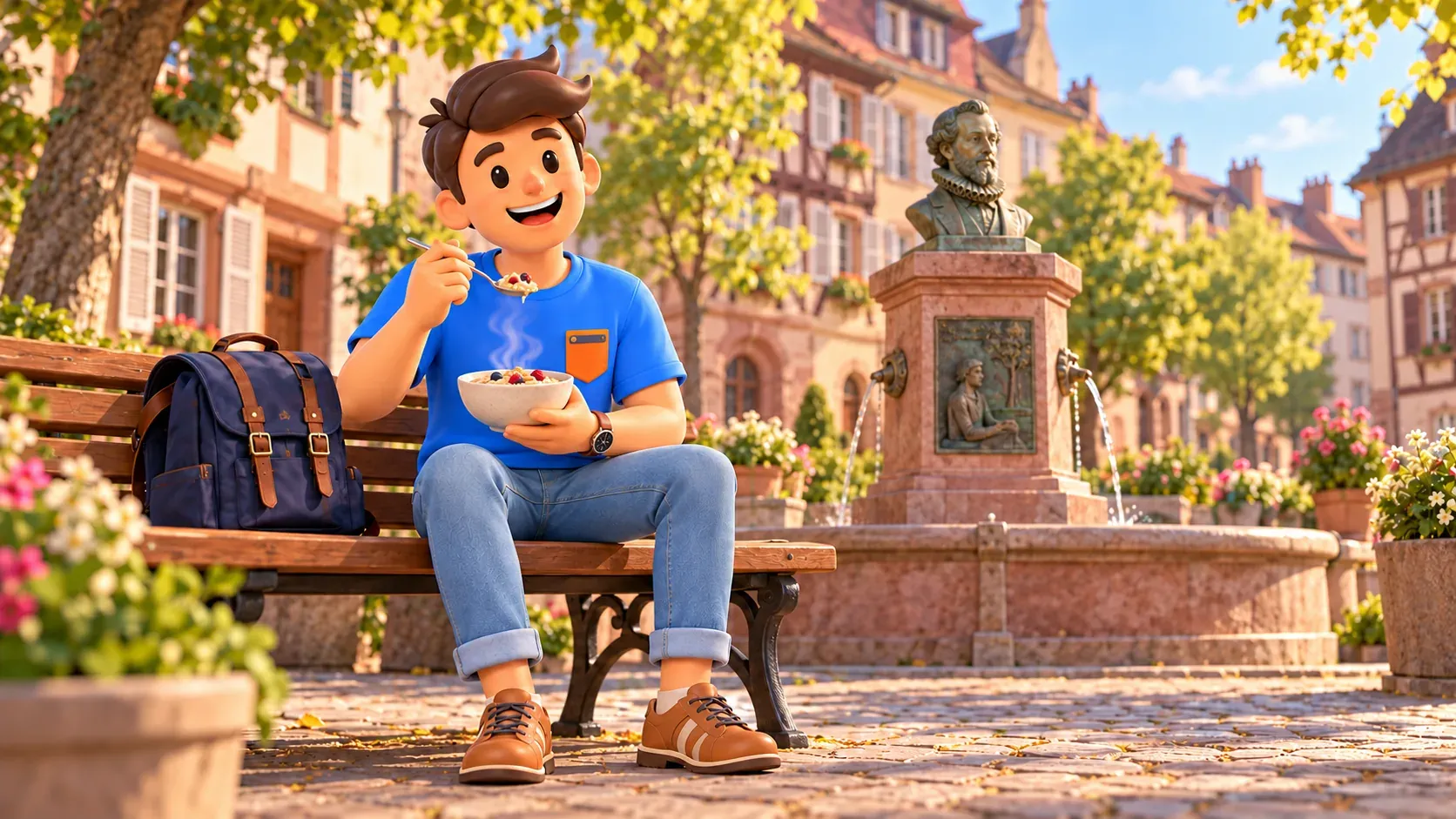 RoadMe traveller with porridge beside an interpretive poet-bust fountain, recalling the Zurich friendship story
