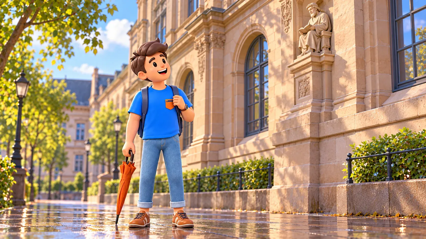 Le voyageur RoadMe avec un parapluie fermé observe une figure de savant sur une façade universitaire interprétative