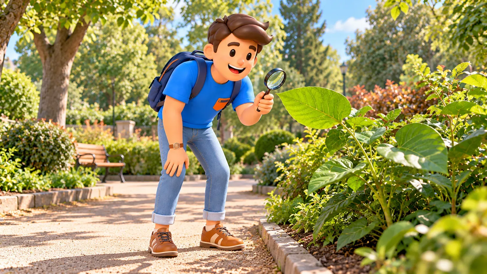 Le voyageur RoadMe observe à la loupe une feuille vivante depuis une allée de jardin extérieur
