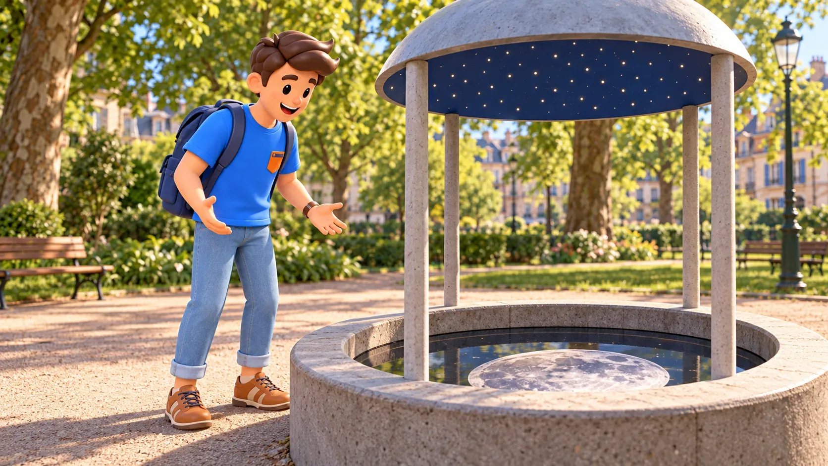 RoadMe-Reisender betrachtet ein interpretatives Mondbild im Brunnen unter einer Kuppel auf vier Stützen