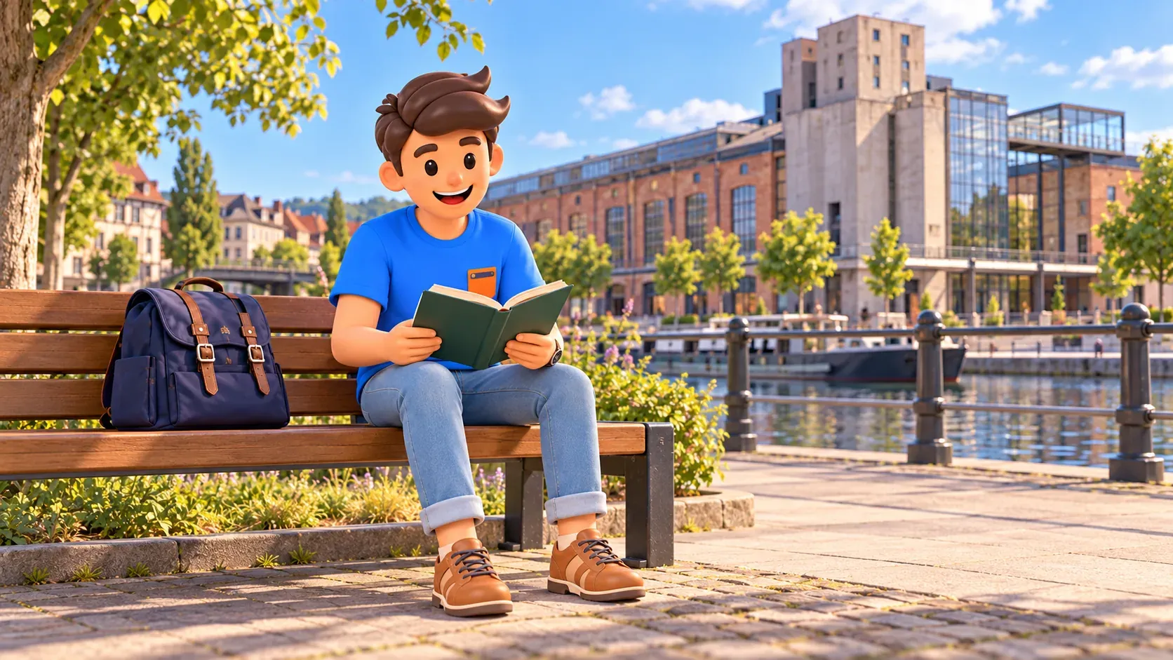 Персонаж RoadMe читает книгу на скамье перед условной медиатекой в бывшем портовом складе