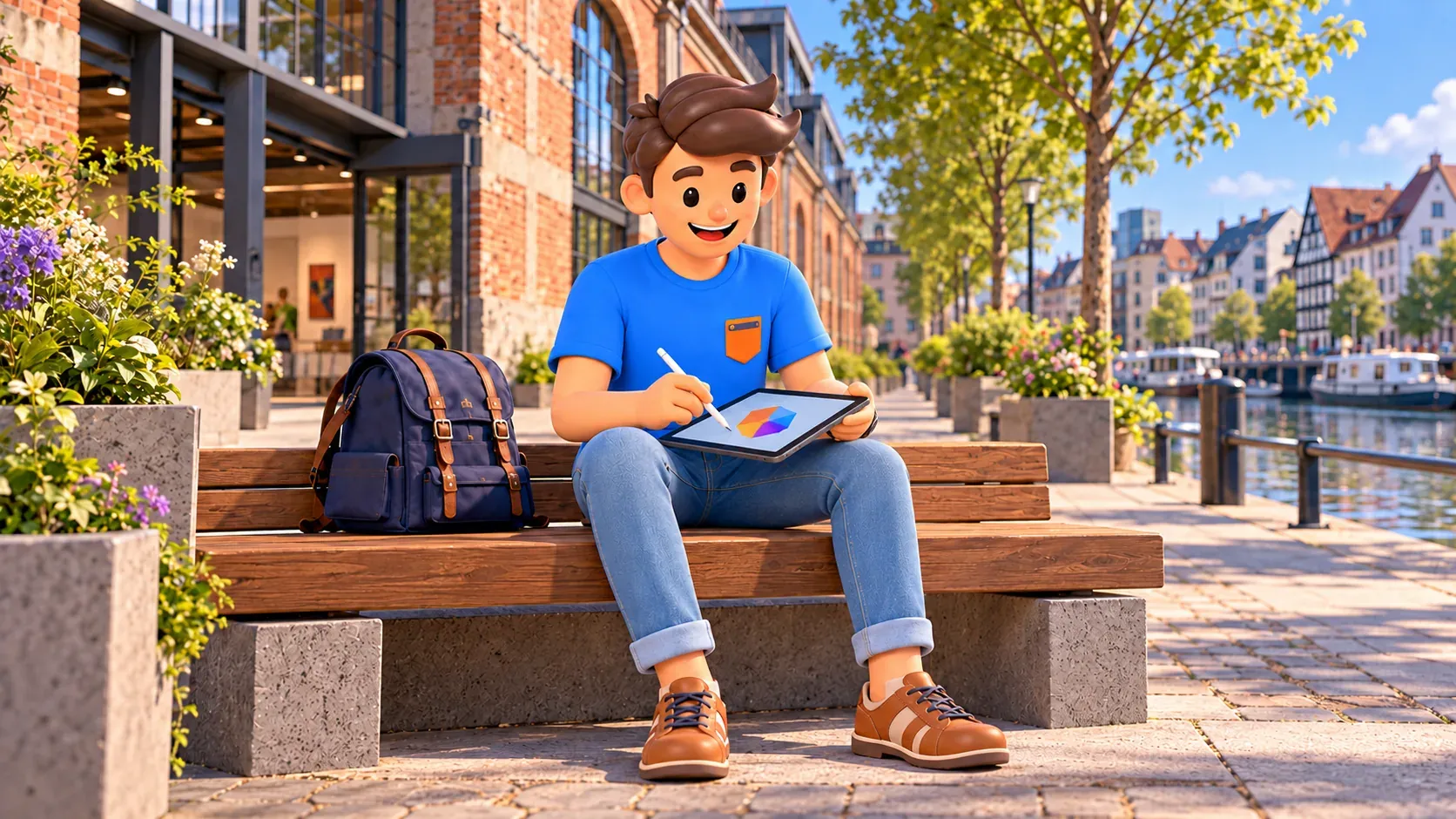 Персонаж RoadMe рисует на планшете перед стилизованным культурным центром в промышленном здании