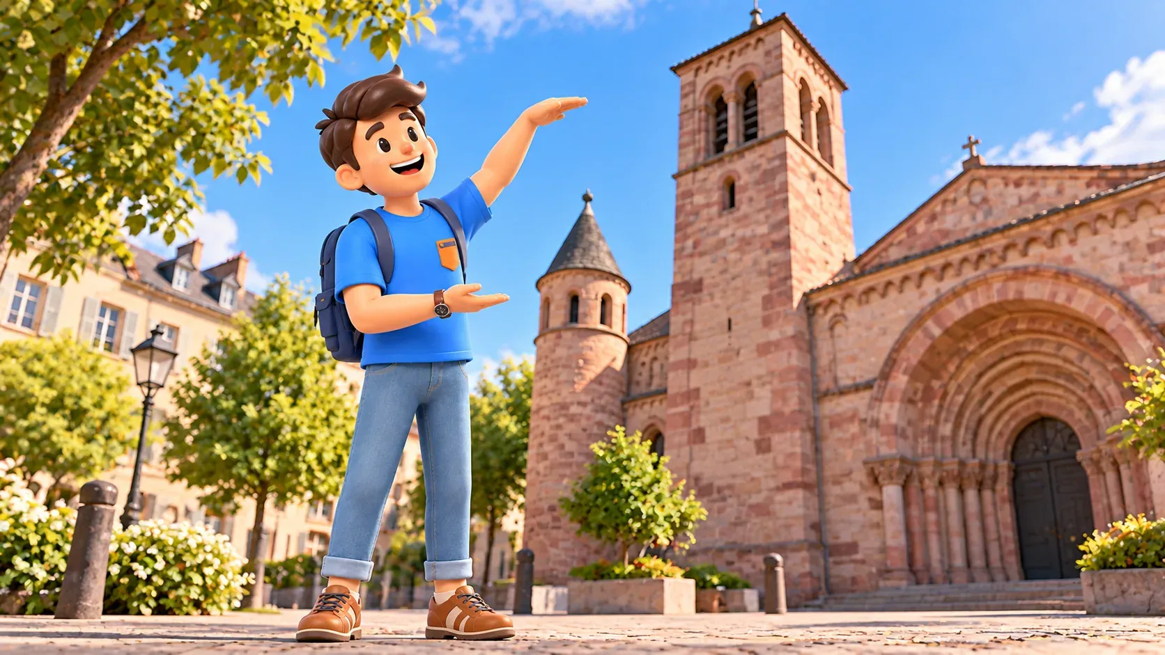 RoadMe traveller comparing unequal tower heights with gestures before a stylised neo-Romanesque church