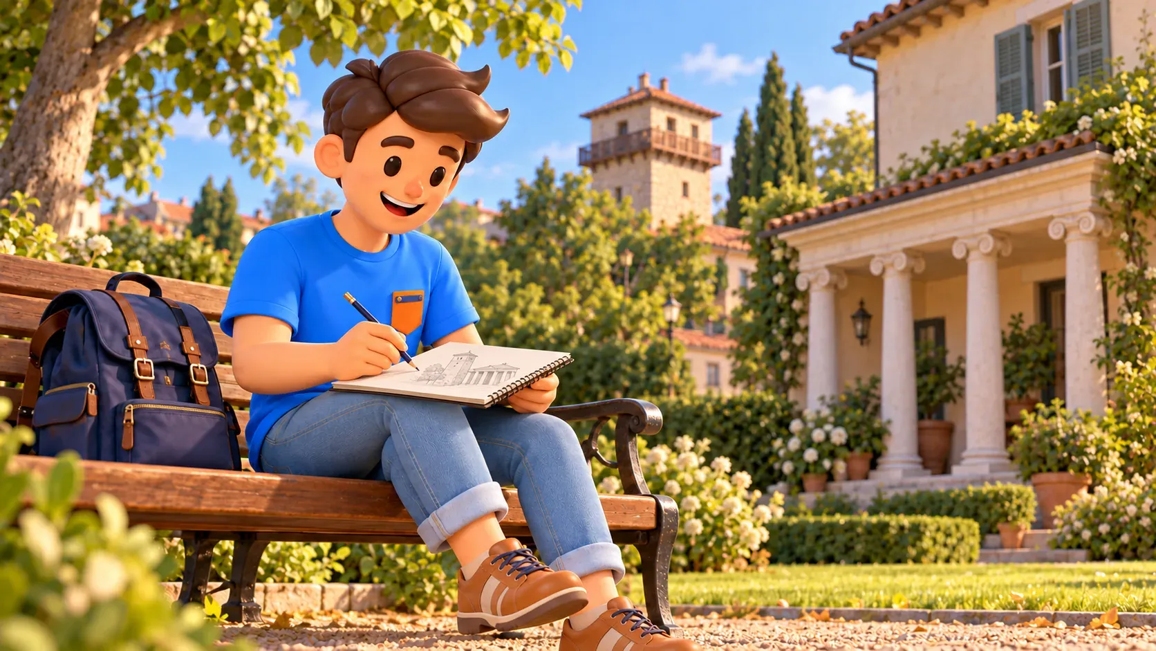 RoadMe traveller sketching a tower and columned pavilion in an interpretive garden scene