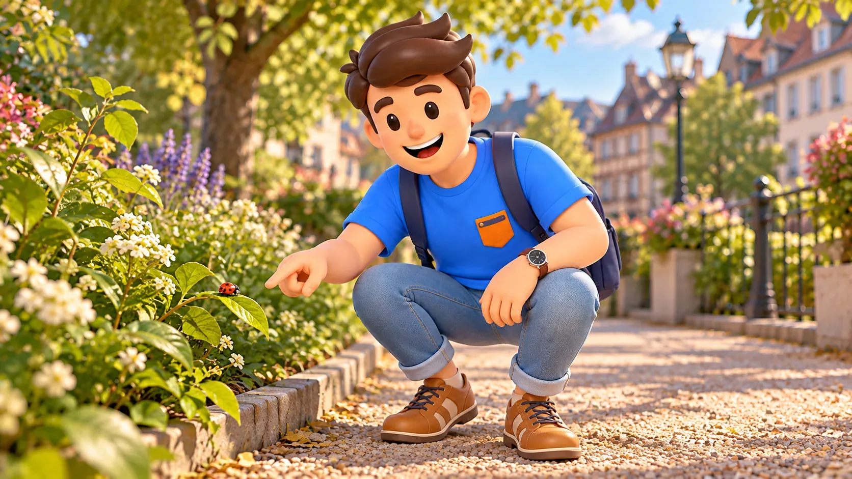 RoadMe traveller crouching by a garden path to observe a ladybird on a leaf without touching the plant