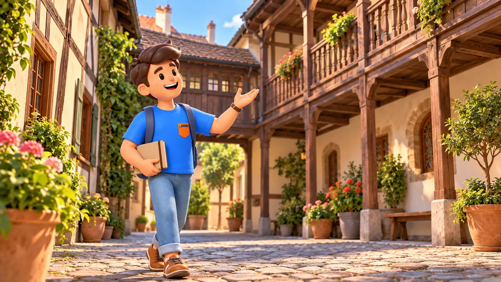 El viajero de RoadMe con un cuaderno cerrado observa galerías de madera en un patio histórico interpretativo