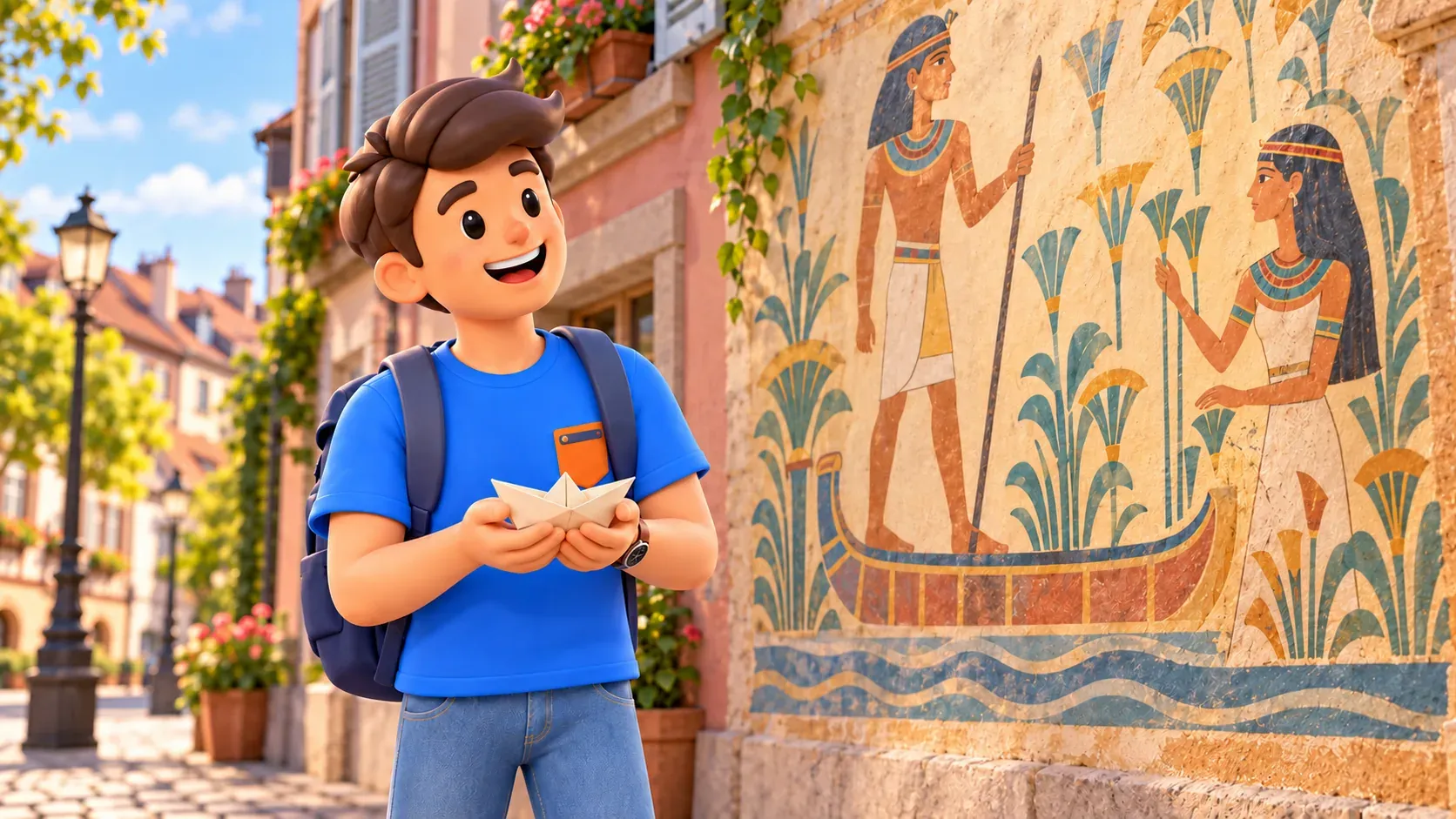 El viajero de RoadMe sostiene un barco de papel ante una pintura mural estilizada con figuras egipcias