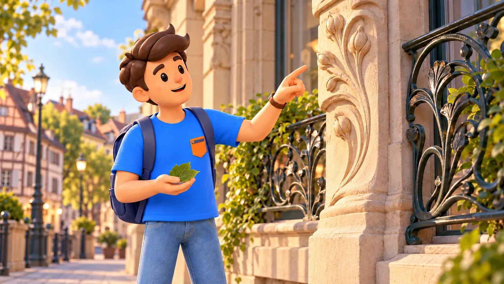 El viajero de RoadMe compara una hoja con líneas vegetales de una decoración interpretativa de piedra y hierro