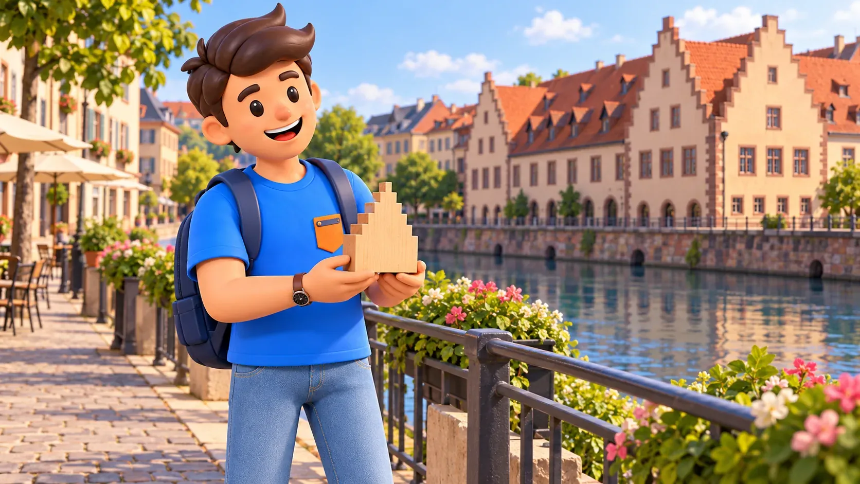 RoadMe traveller holding a wooden stepped-gable model beside an interpretive warehouse building