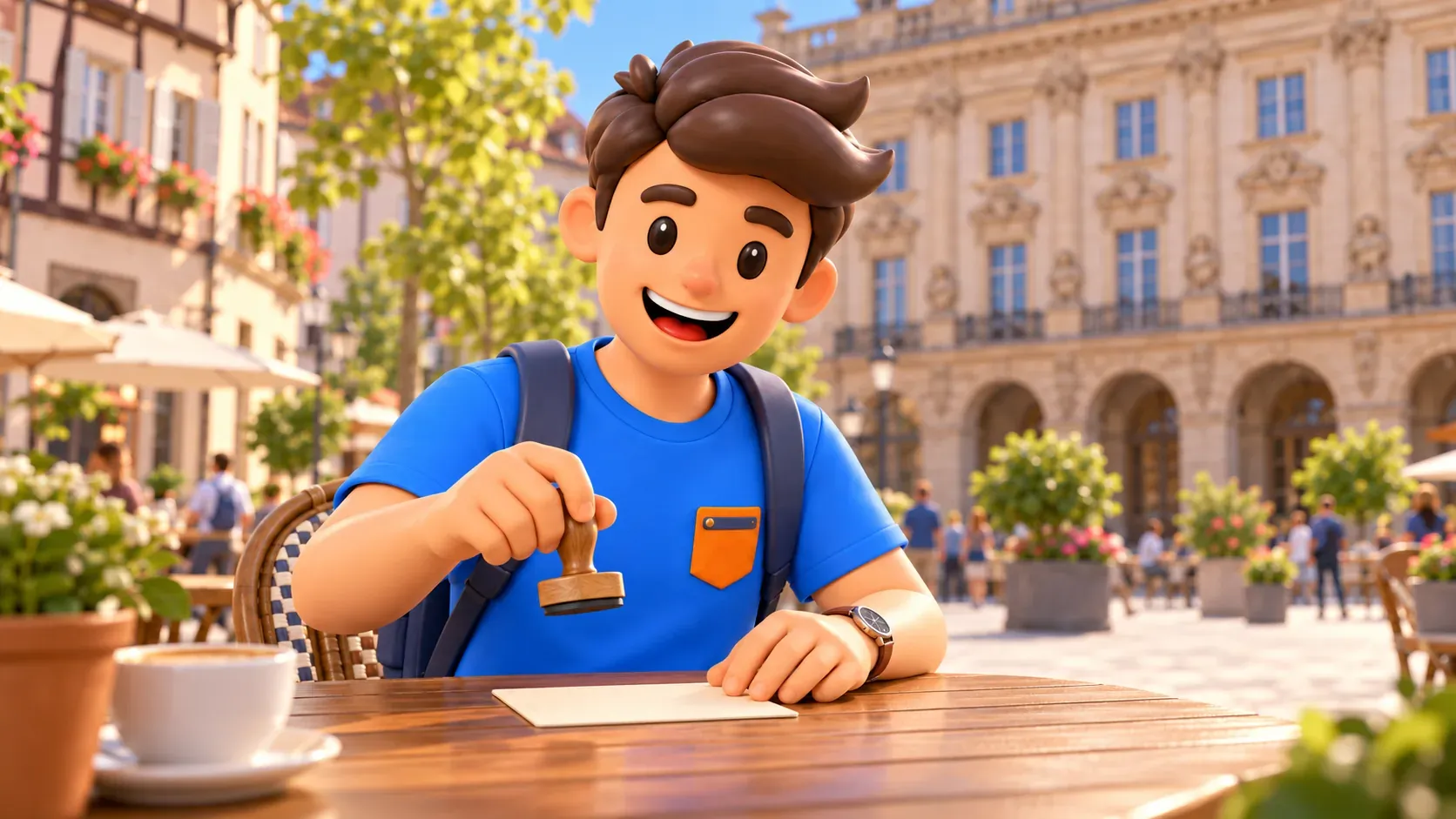 RoadMe traveller holding a stamp above a blank card at a table before an interpretive Renaissance facade
