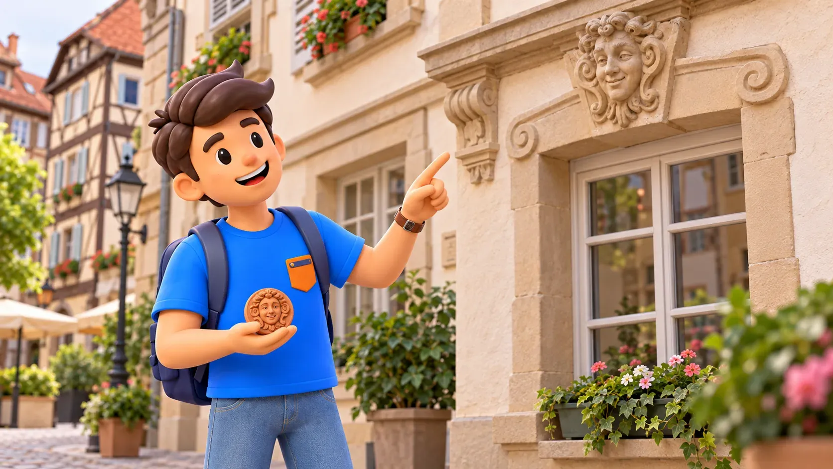 RoadMe traveller with a clay face medallion looking at an interpretive stone mascaron