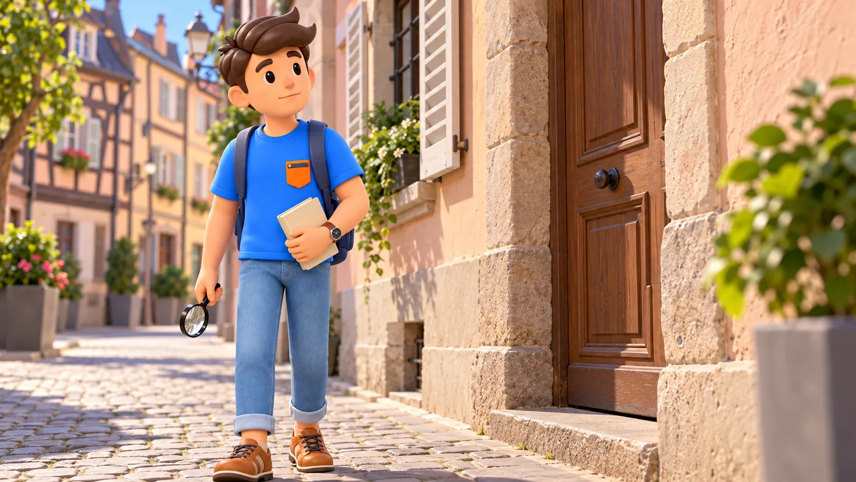 RoadMe traveller with a closed book and lowered magnifying glass beside an interpretive street doorway
