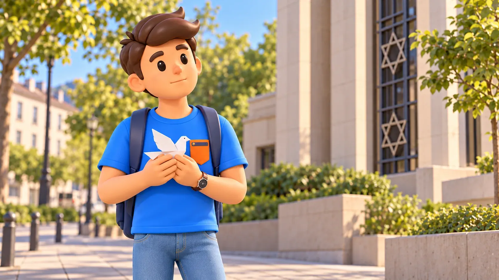 RoadMe traveller holding a paper dove before an interpretive post-war facade with Stars of David