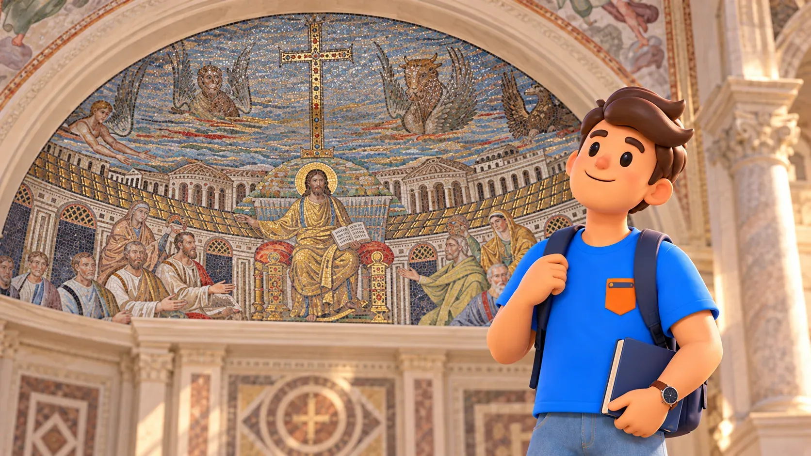 Un viajero con una guía cerrada observa el ábside de mosaico de Santa Pudenciana