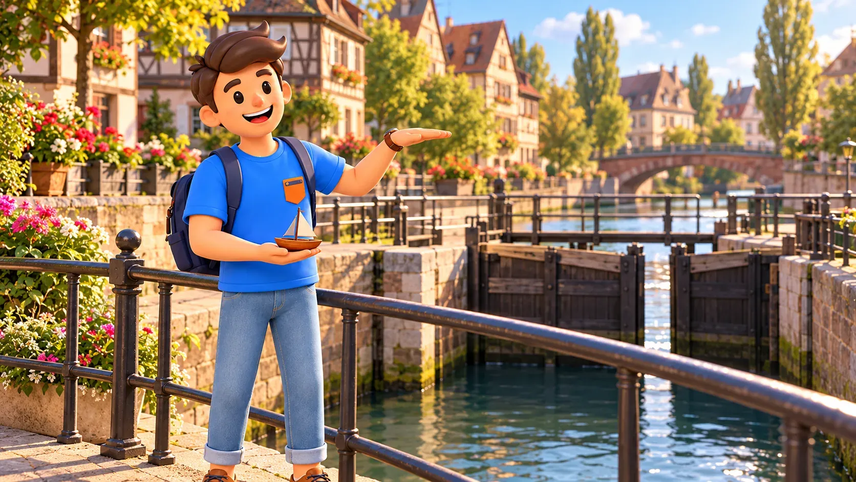 RoadMe-Reisender mit Spielzeugboot zeigt verschiedene Höhen neben einer interpretativen Schleuse