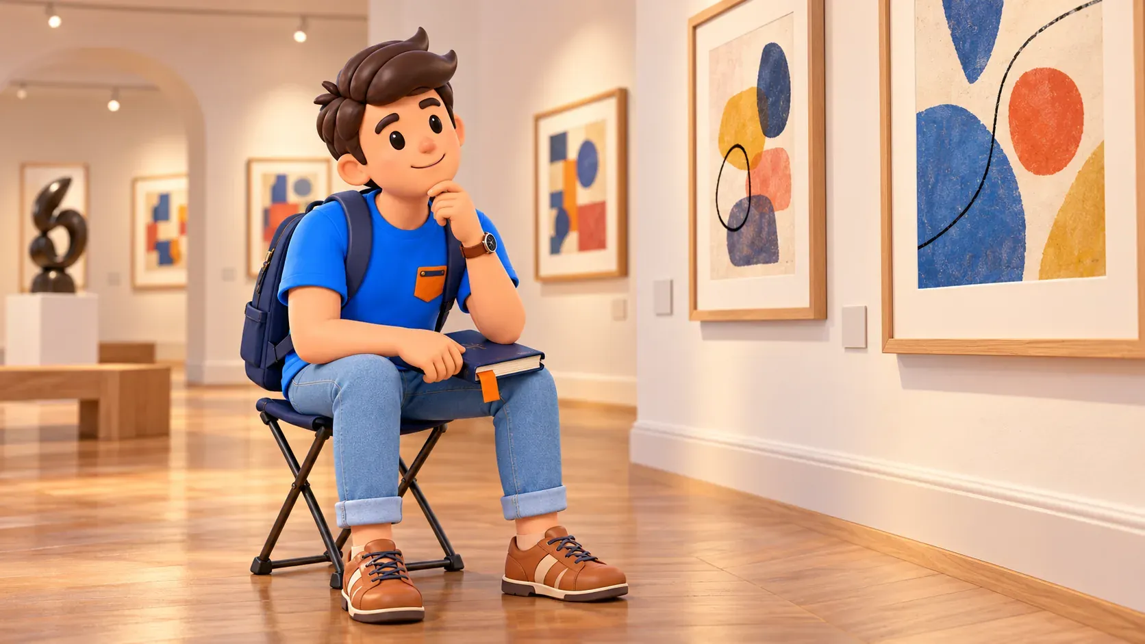El viajero de RoadMe sentado con un libro en un taburete plegable de una galería interpretativa de dibujos abstractos