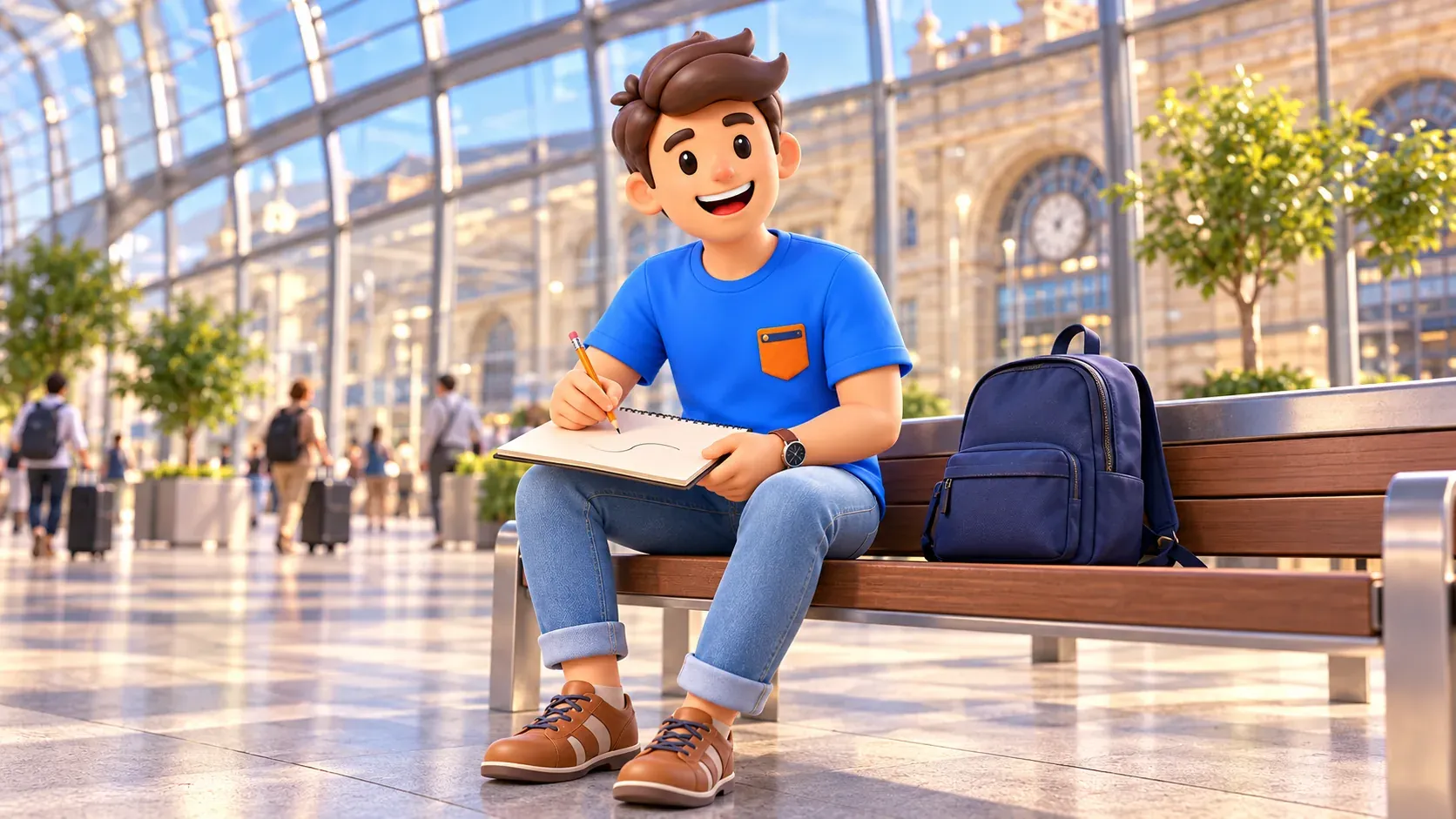 RoadMe traveller drawing a line in a sketchbook on a bench beside an interpretive glazed station enclosure