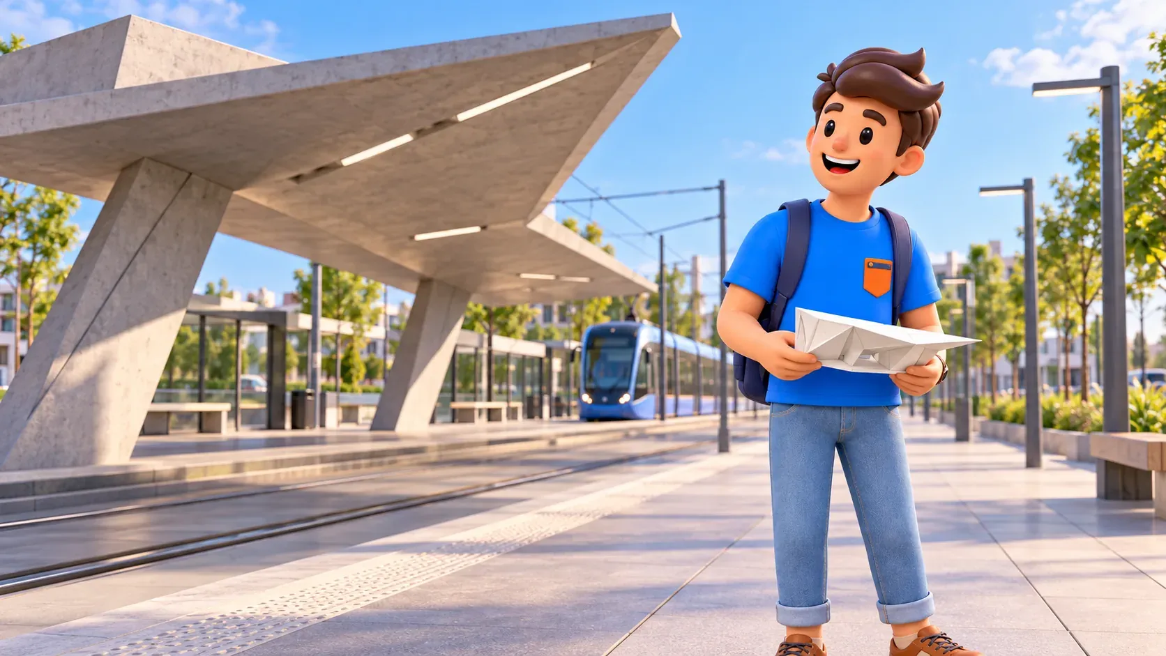 RoadMe traveller holding a paper model before an interpretive angular concrete transport shelter