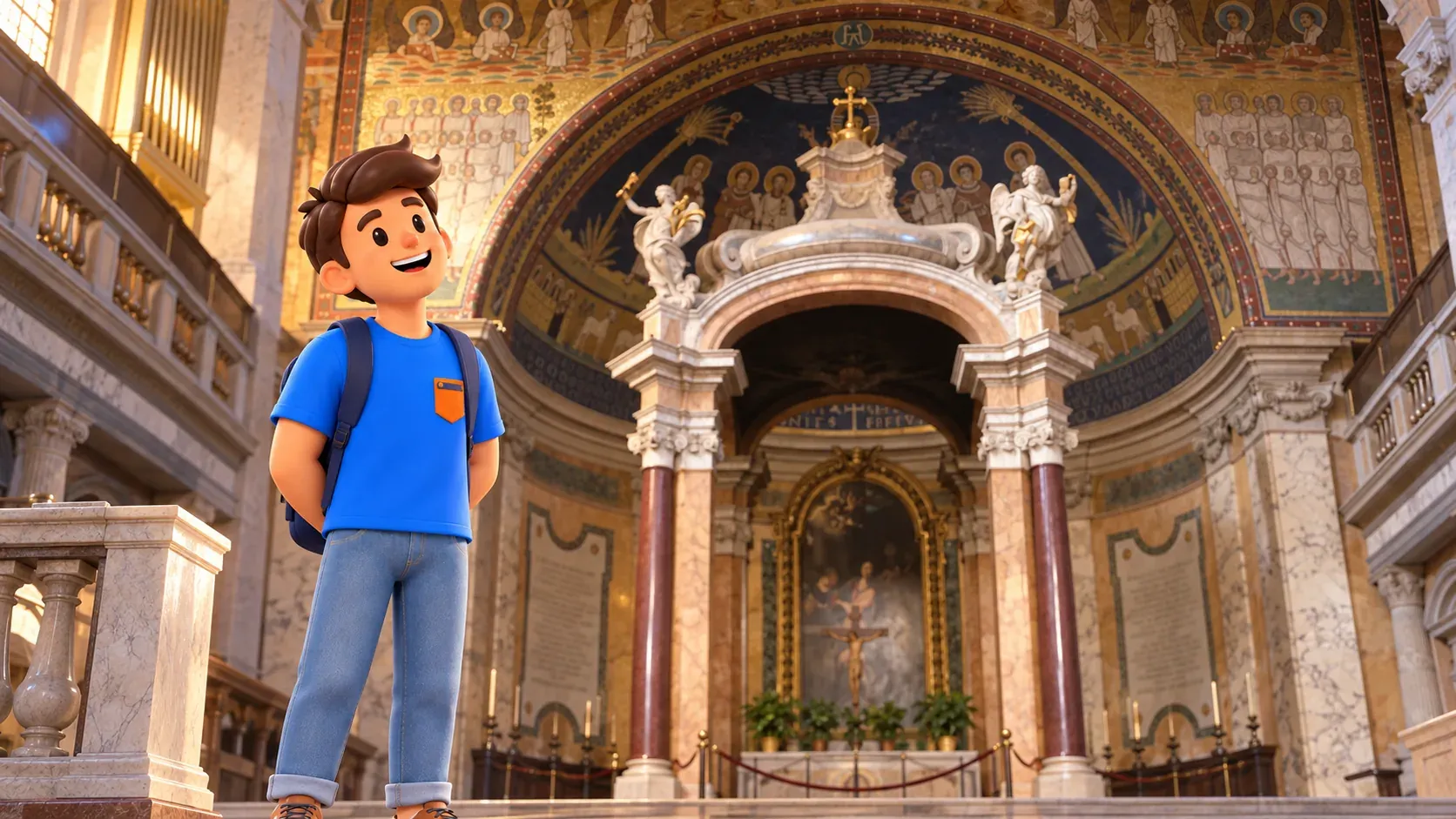 Un viajero observa los mosaicos del ábside de Santa Práxedes detrás de un baldaquino posterior