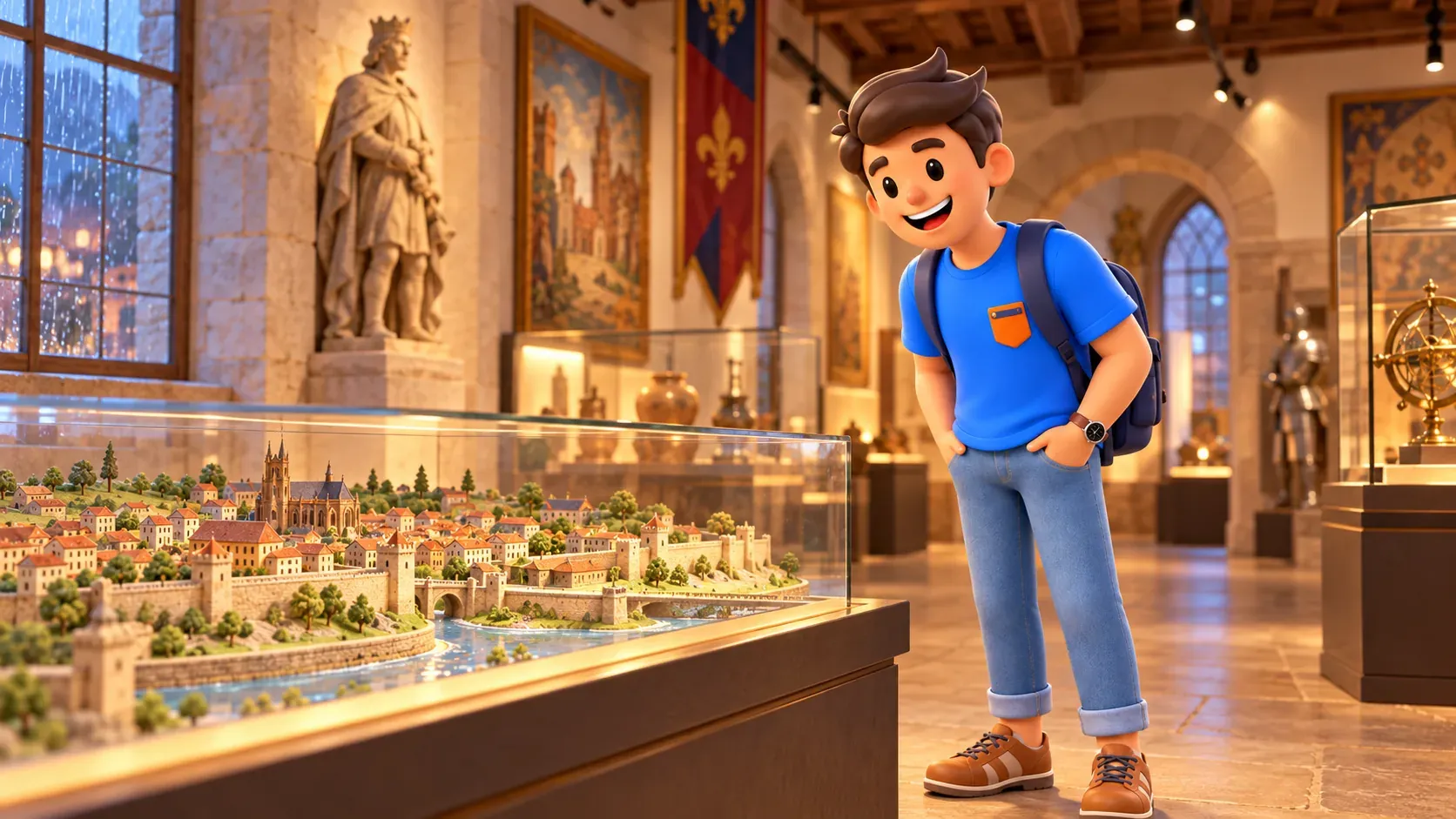 RoadMe traveller examining an invented historic-city relief model in an interpretive museum room