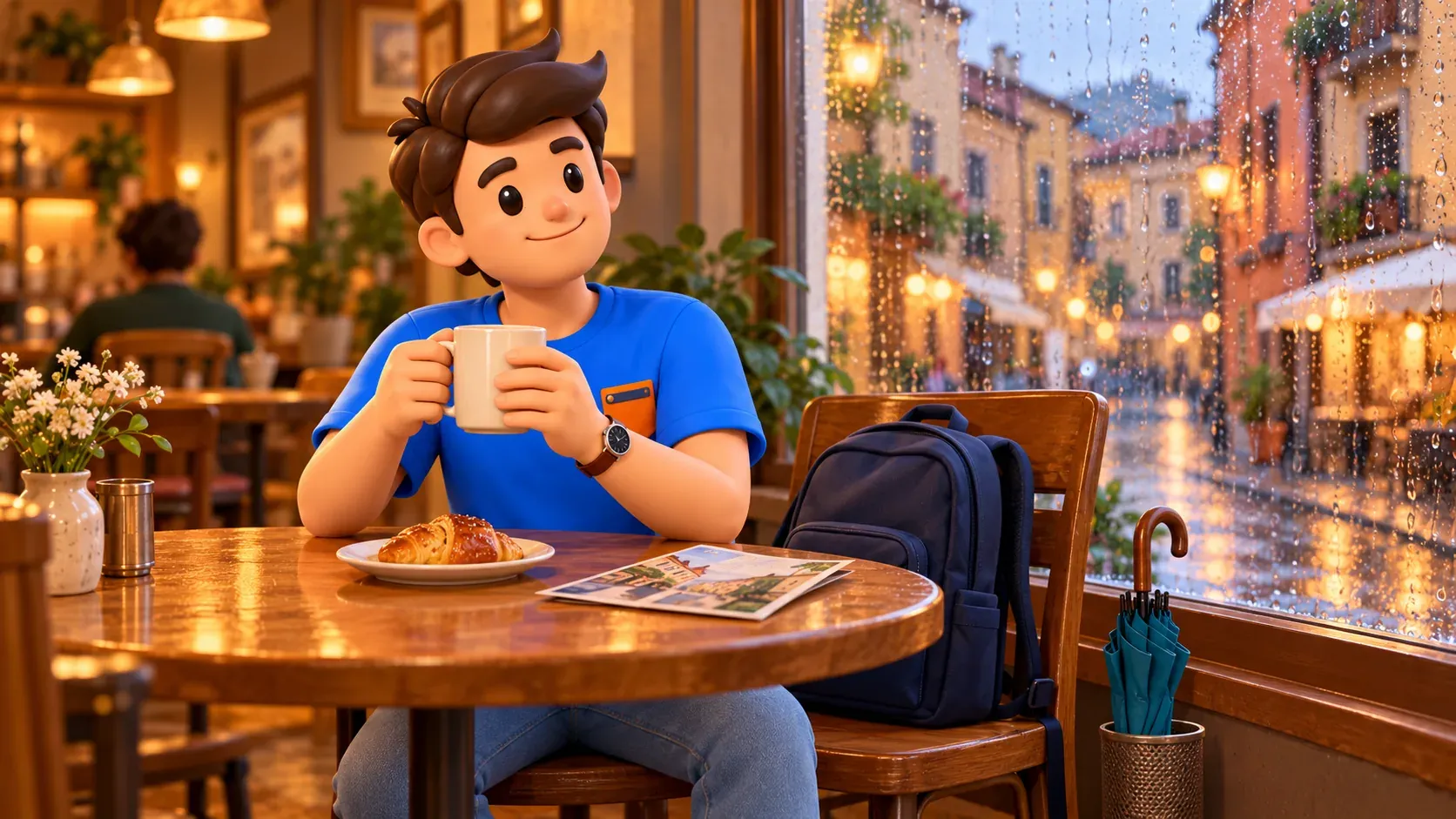 RoadMe traveller holding a mug in both hands in a café beside a rain-streaked window