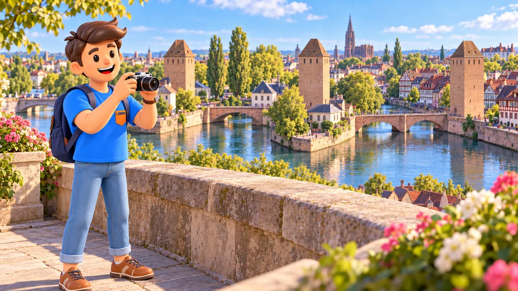 Le voyageur RoadMe photographie un panorama interprétatif de tours et de canaux derrière un parapet de terrasse