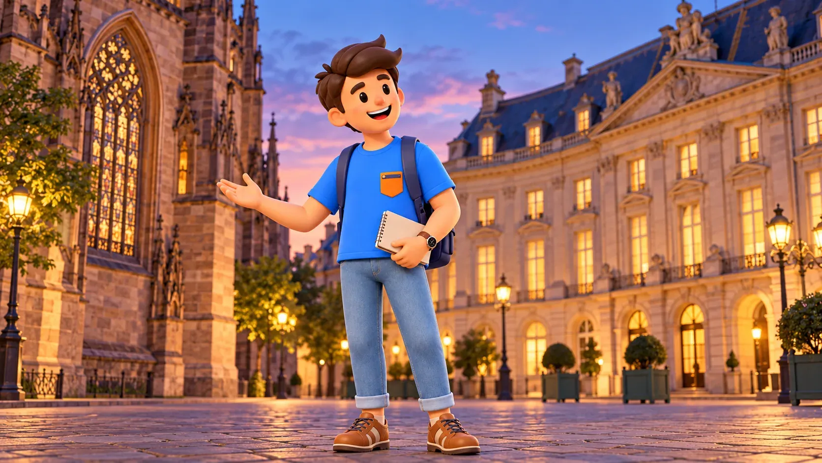 El viajero de RoadMe con una libreta compara fachadas gótica y clásica interpretativas en una plaza al atardecer