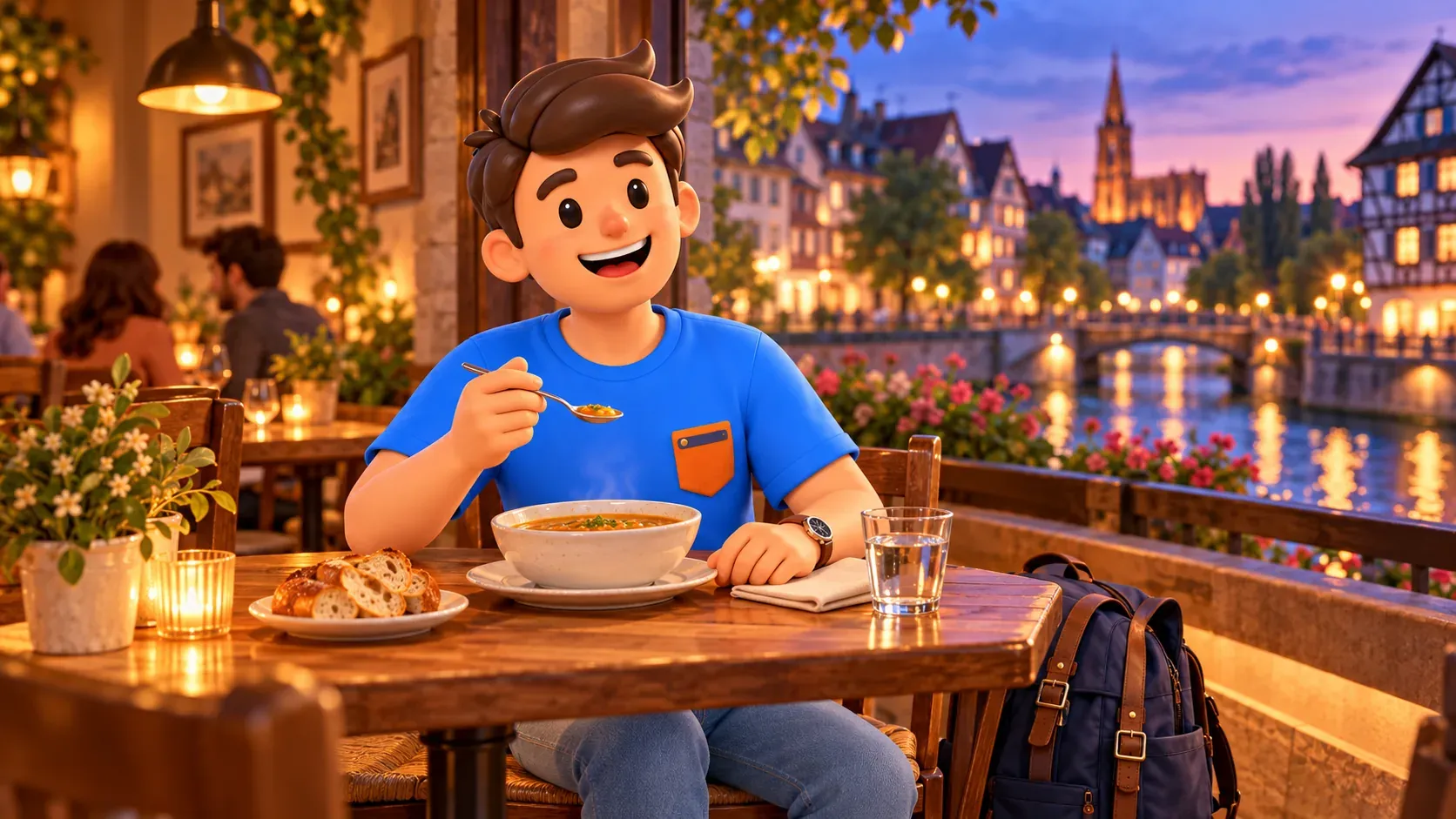 El viajero de RoadMe cena sopa en un café inventado junto a una ribera interpretativa al atardecer