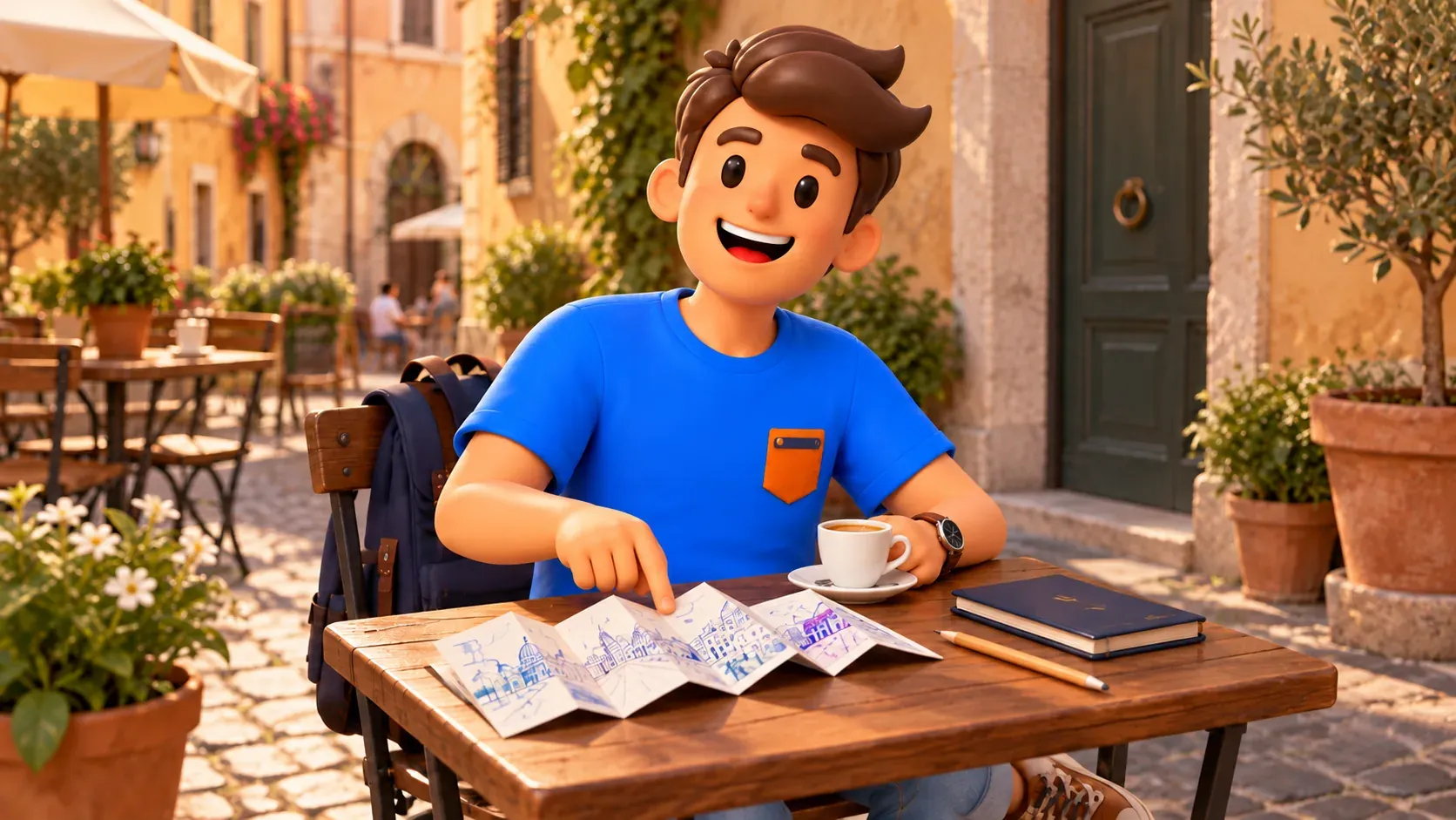 Un voyageur avec un café observe un dessin moderne plié en accordéon