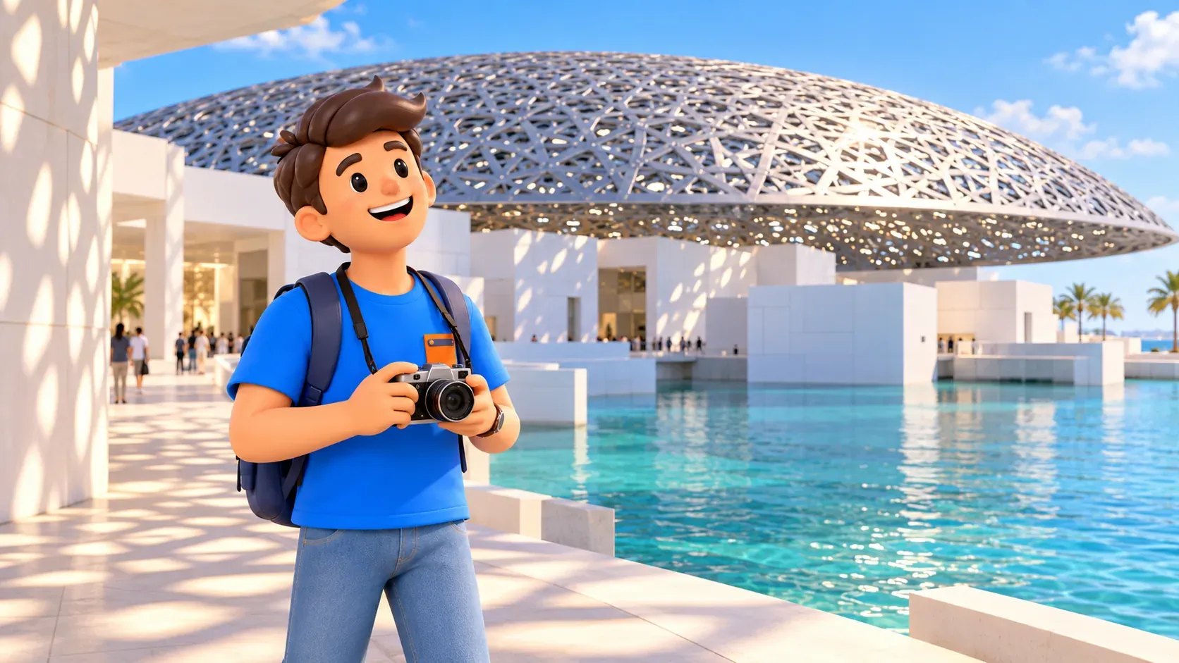 Un voyageur avec un appareil photo observe une interprétation du dôme du Louvre Abu Dhabi près de l’eau