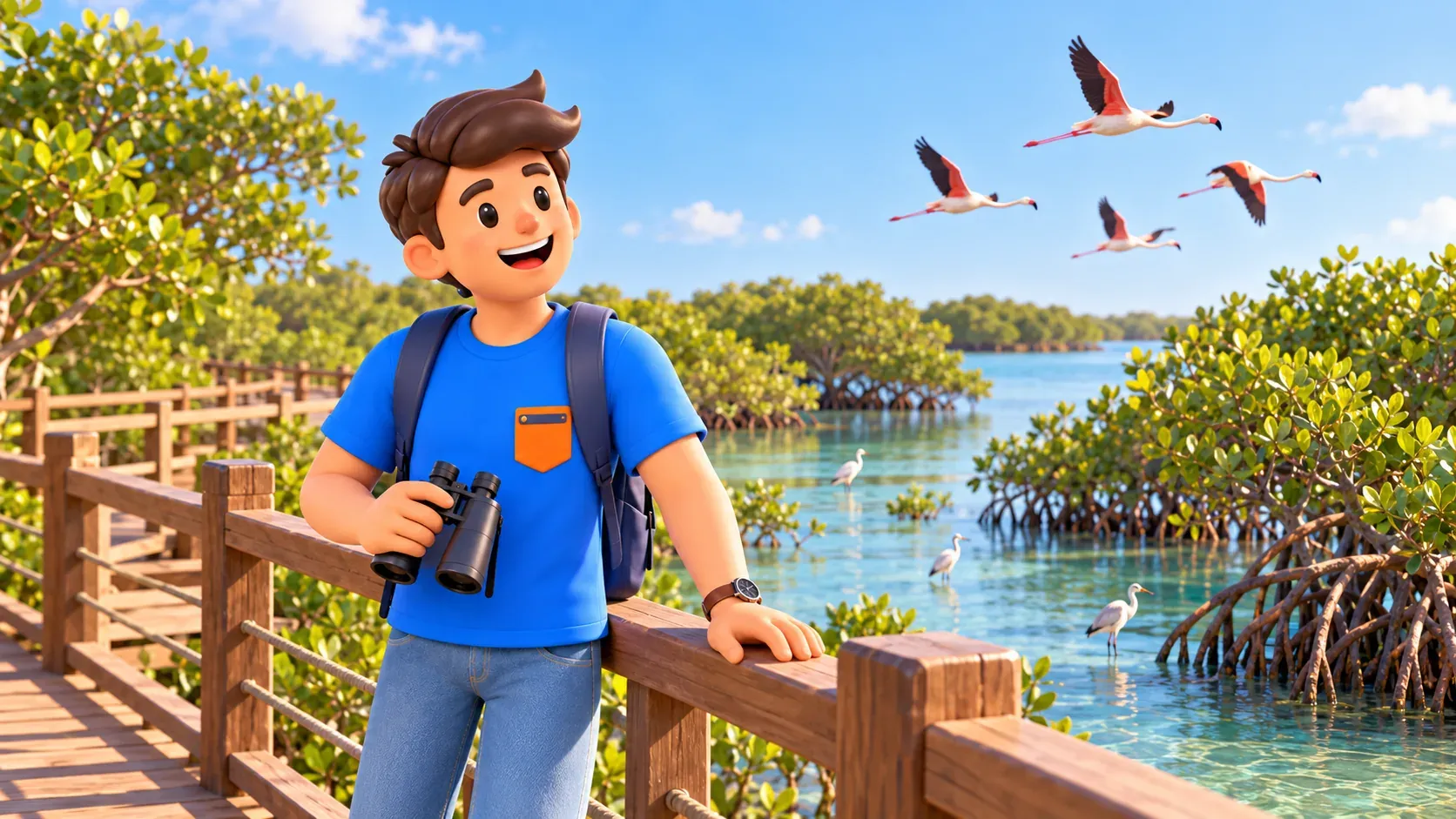 Un voyageur avec des jumelles sur une passerelle parmi les mangroves et les oiseaux côtiers