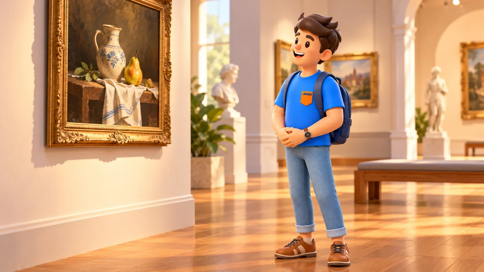 El viajero de RoadMe contempla un bodegón inventado en una sala de museo imaginaria