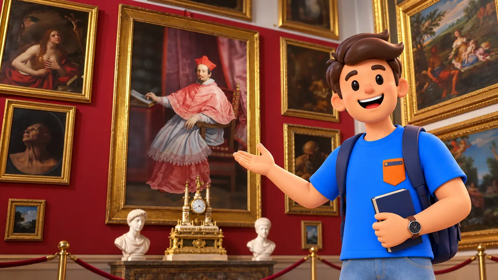 Un voyageur observe les tableaux accrochés côte à côte à la galerie Spada