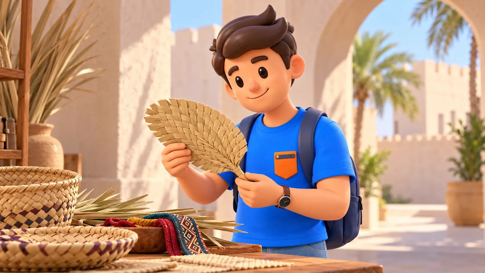 Un voyageur observe un éventail tressé et des matériaux artisanaux