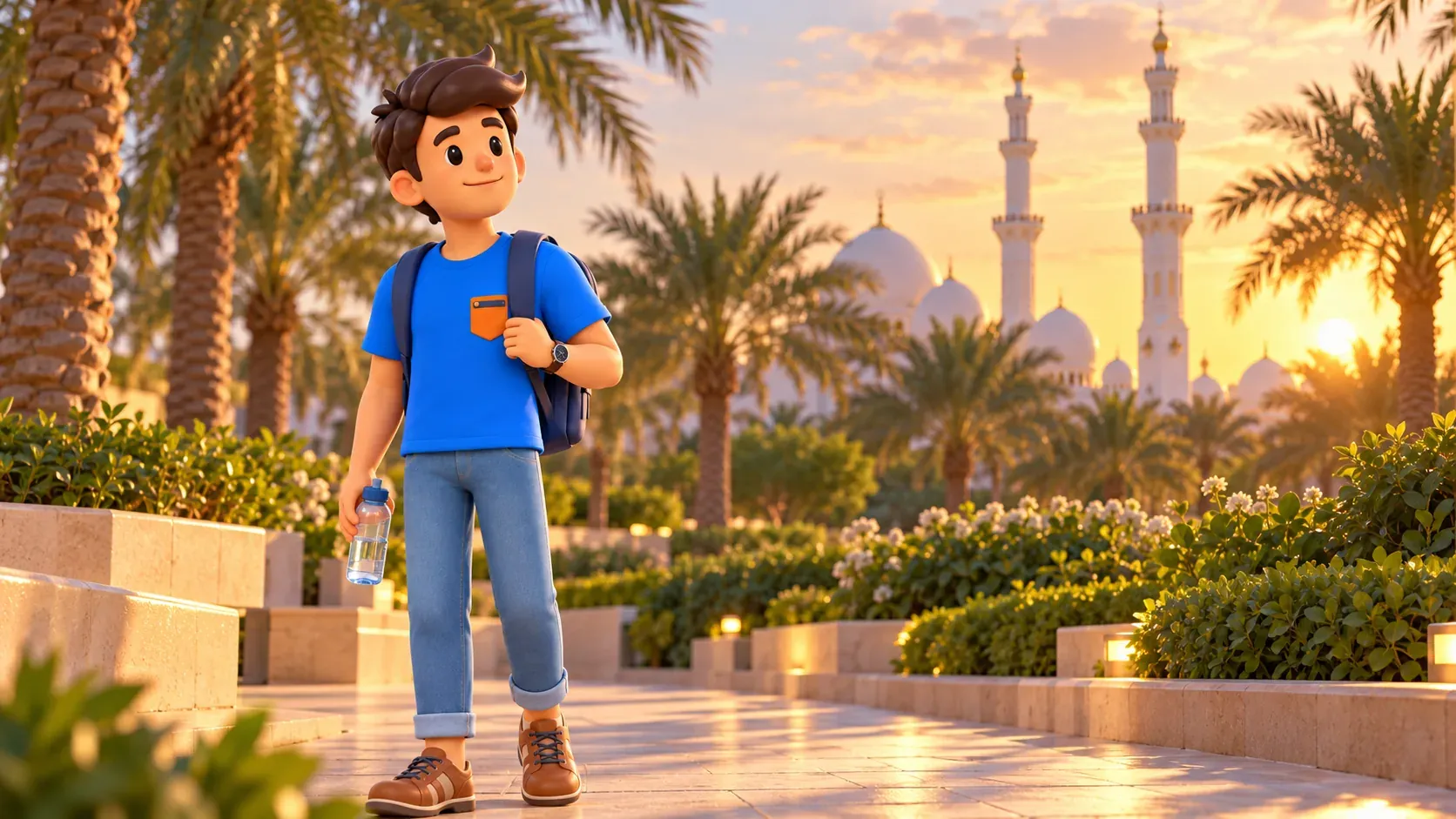 Un voyageur avec de l’eau près d’une vue artistique partielle de la Grande Mosquée