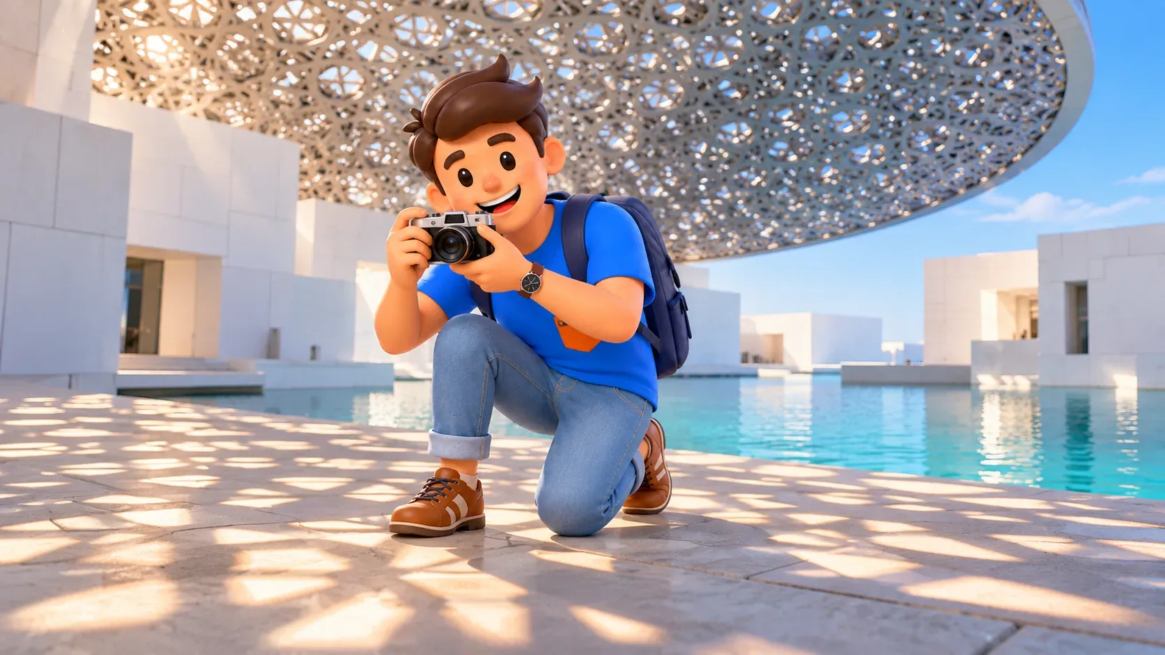Un voyageur photographie les motifs de lumière sous une interprétation du dôme du Louvre Abu Dhabi