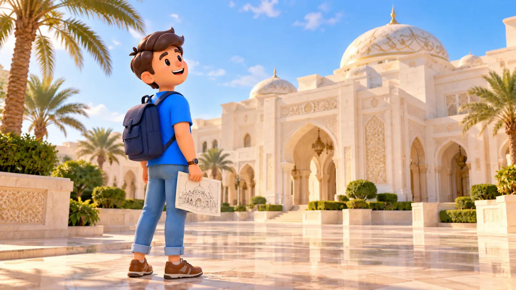 A traveller holds an architectural sketch beside an artistic Qasr Al Watan façade