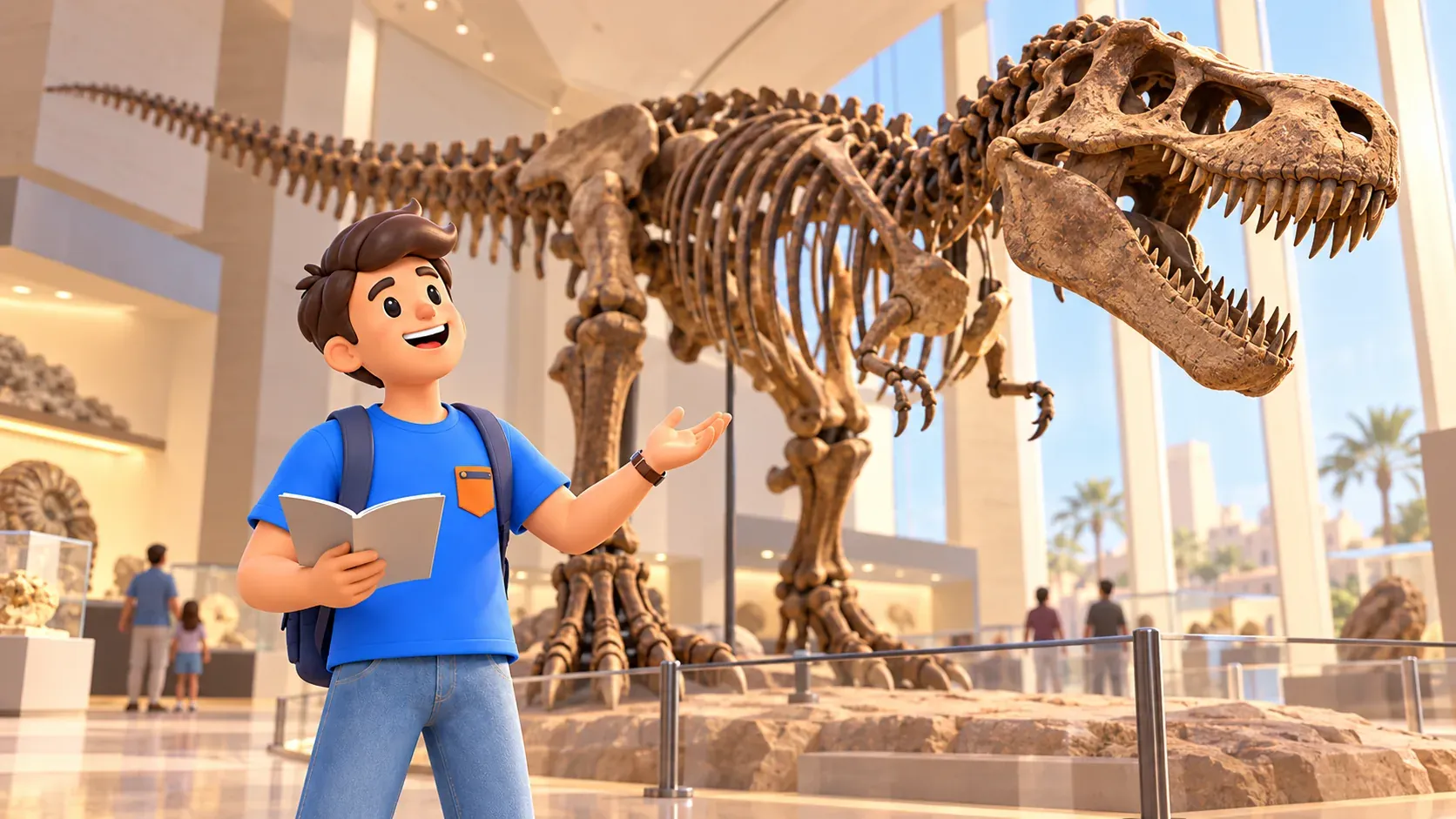 An illustrative museum scene with a traveller looking at a large dinosaur skeleton