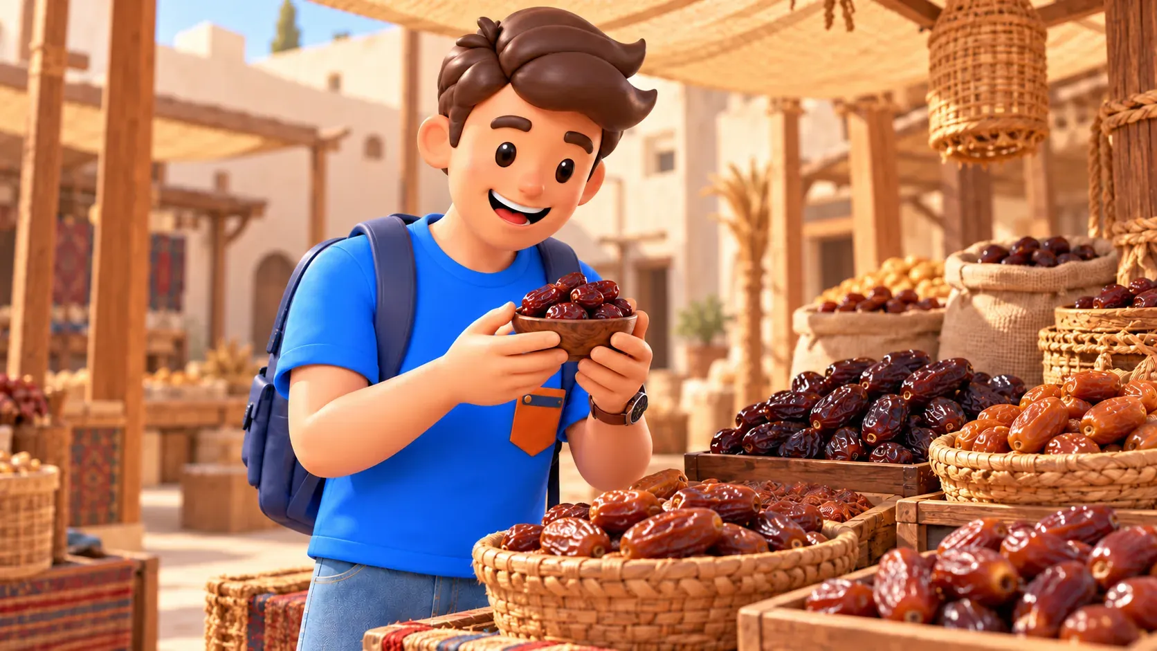 A traveller holds a bowl of dates at an artistically illustrated market stall