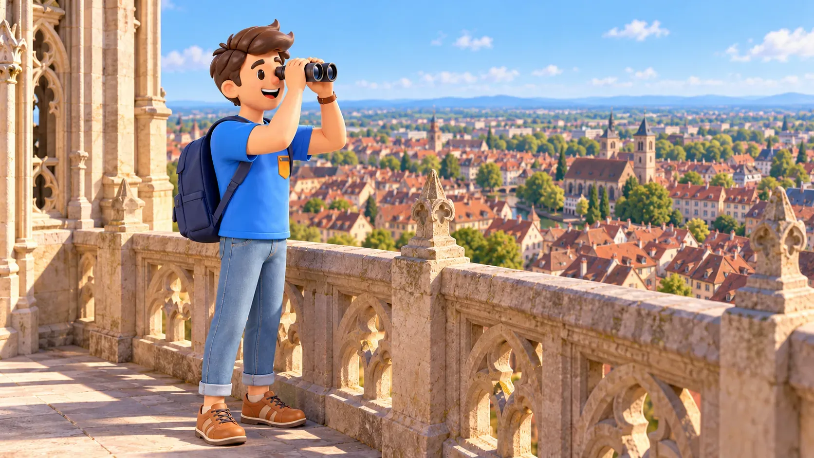 Illustrated traveller using binoculars on a Gothic stone platform above tiled city roofs