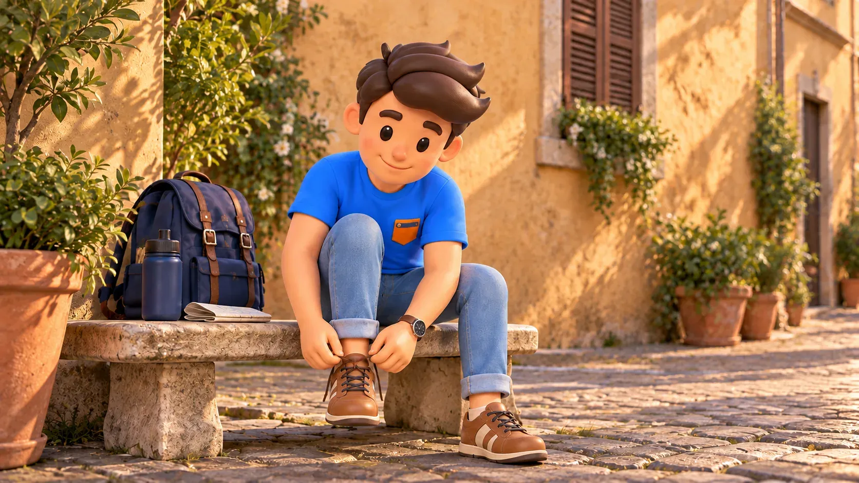 A traveller ties a shoelace during a short rest on a Roman street bench