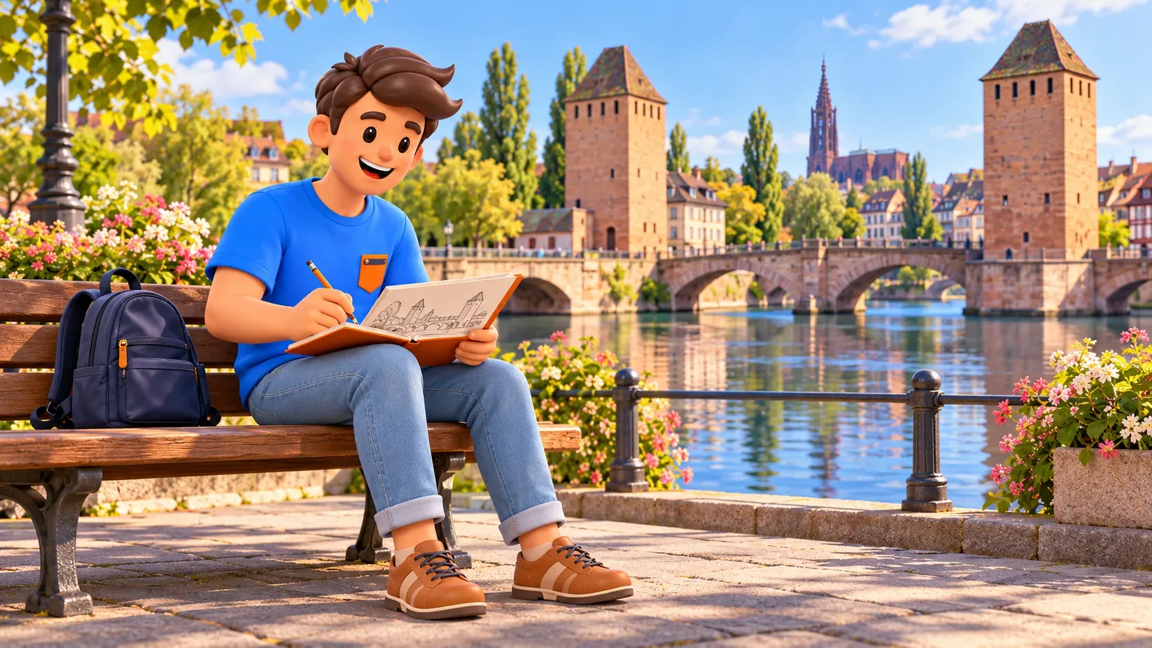 Illustrated traveller sketching stone bridges and towers from a bench beside a canal