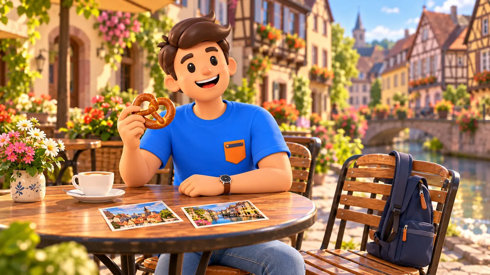 Illustrated traveller relaxing with a pretzel at a café, with coffee and two city-view postcards