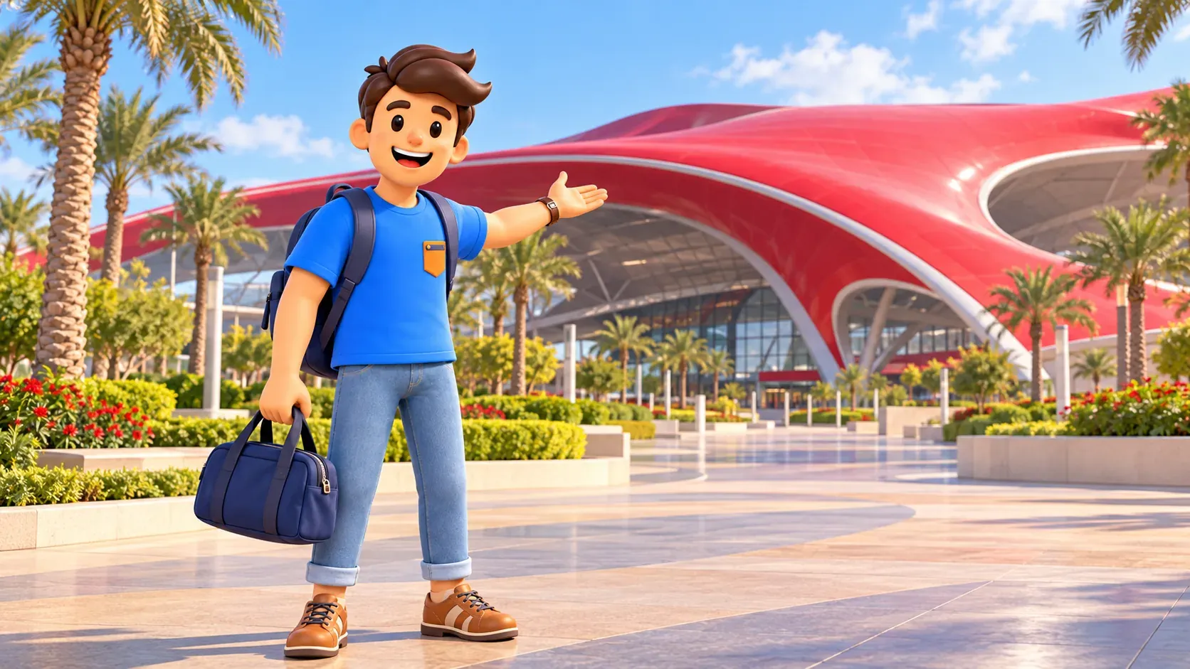 Персонаж у художественно изображённой красной крыши Ferrari World на Ясе